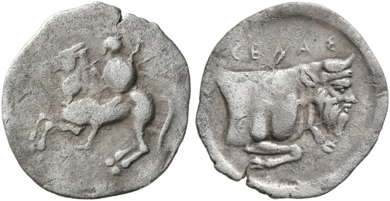 SICILY. Gela. Circa 430-425 BC. Litra (Silver, 13 mm, 0.53 g, 3 h). Helmeted hor...