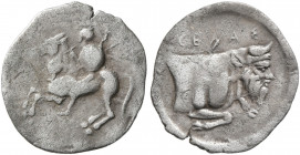SICILY. Gela. Circa 430-425 BC. Litra (Silver, 13 mm, 0.53 g, 3 h). Helmeted horseman galloping left, holding spear and round shield with his left han...