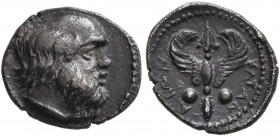 SICILY. Katane. Circa 440-420 BC. Litra (Silver, 11 mm, 0.86 g, 11 h). Balding head of Silenos to left, with an animal ear and a long beard. Rev. ΚΑΤΑ...