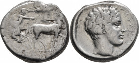 SICILY. Katane. Circa 435-412 BC. Tetradrachm (Silver, 26 mm, 16.88 g, 12 h). Charioteer driving quadriga walking to right, holding kentron in his rig...