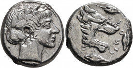 SICILY. Leontini. Circa 450-440 BC. Tetradrachm (Silver, 25 mm, 16.67 g, 9 h). Laureate head of Apollo to right. Rev. ΛEOИT-I-ИO Head of a lion with o...