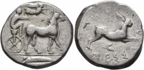 SICILY. Messana. 438-434 BC. Tetradrachm (Silver, 27 mm, 17.04 g, 11 h). Charioteer, holding kentron in his right hand and reins in his left, driving ...