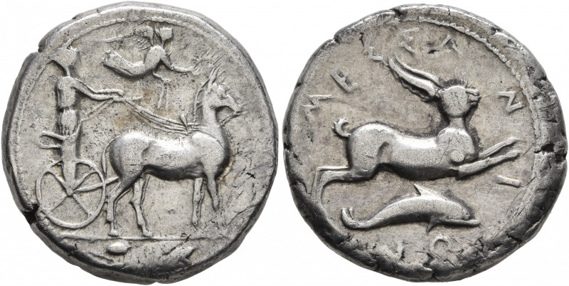SICILY. Messana. 425-421 BC. Tetradrachm (Silver, 25 mm, 17.13 g, 3 h). The nymp...