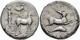 SICILY. Messana. 425-421 BC. Tetradrachm (Silver, 25 mm, 17.13 g, 3 h). The nymph Messana, wearing long chiton and holding reins in both hands, drivin...