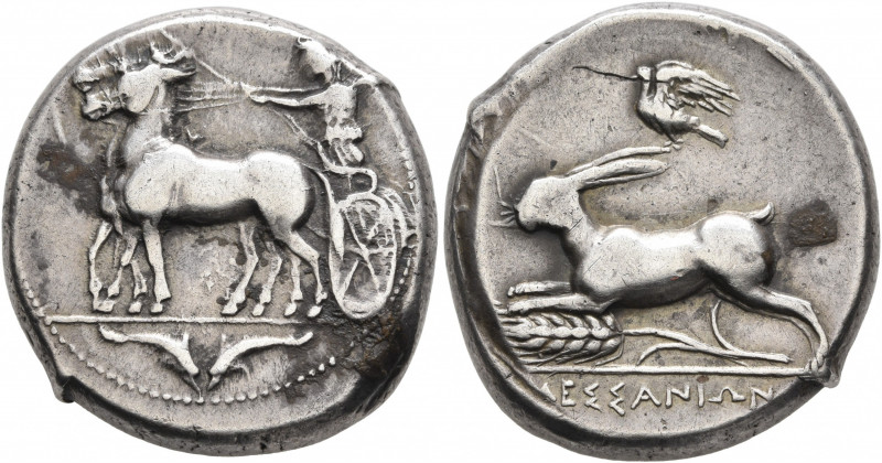 SICILY. Messana. 412-408 BC. Tetradrachm (Silver, 25 mm, 17.50 g, 1 h). Chariote...