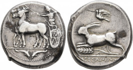 SICILY. Messana. 412-408 BC. Tetradrachm (Silver, 25 mm, 17.50 g, 1 h). Charioteer, holding kentron in his right hand and reins in his left, driving b...