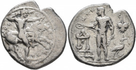 SICILY. Selinos. Circa 455-440 BC. Didrachm (Silver, 24 mm, 8.41 g, 11 h). Σ-E-ΛI-N-ONT-IO-Σ Herakles standing right, holding club overhead in his rig...