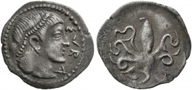 SICILY. Syracuse. Second Democracy, 466-405 BC. Litra (Silver, 13 mm, 0.49 g, 11 h), circa 466-460. ΣYPA Head of Arethusa to right, her hair tied up i...
