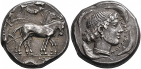 SICILY. Syracuse. Second Democracy, 466-405 BC. Tetradrachm (Silver, 24 mm, 17.40 g, 8 h), circa 450. Charioteer driving quadriga walking to right, ho...