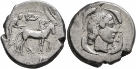 SICILY. Syracuse. Second Democracy, 466-405 BC. Tetradrachm (Silver, 26 mm, 16.99 g, 9 h), circa 450-440. Charioteer driving quadriga walking to right...