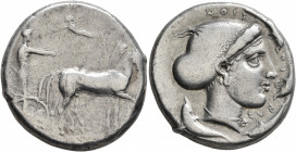 SICILY. Syracuse. Second Democracy, 466-405 BC. Tetradrachm (Silver, 26 mm, 17.28 g, 2 h), circa 425-420. Charioteer driving quadriga walking to right...