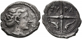 SICILY. Syracuse. Dionysios I, 405-367 BC. Hemilitron (Silver, 10 mm, 0.38 g, 11 h). ΣΥ Head of Arethusa to right, her hair bound in ampyx and sphendo...
