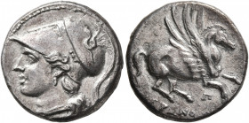 SICILY. Syracuse. Hieron II, 275-215 BC. Octobol (Silver, 19 mm, 5.35 g, 11 h). Head of Athena to left, wearing crested Corinthian helmet; behind, unc...