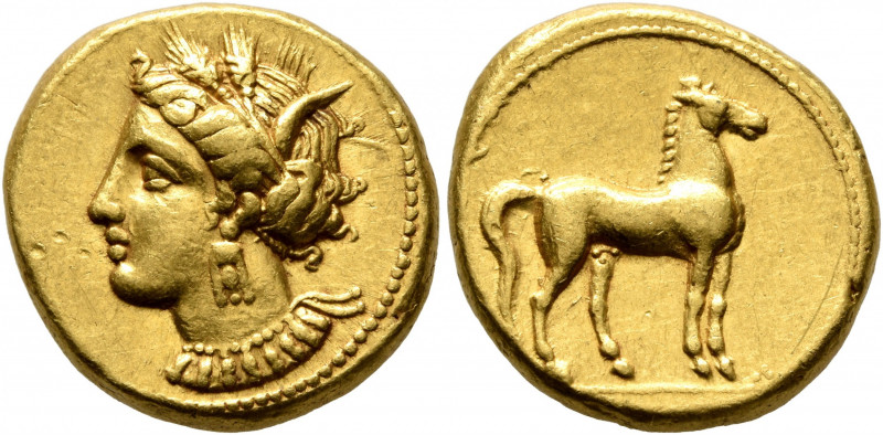 CARTHAGE. Circa 350-320 BC. Stater (Gold, 18 mm, 9.64 g, 3 h). Head of Tanit to ...