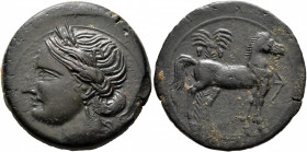 CARTHAGE. Second Punic War. Circa 220-215 BC. Trishekel (Bronze, 31 mm, 19.40 g, 12 h). Head of Tanit to left, wearing wreath of grain ears, pendant e...