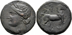 CARTHAGE. Second Punic War. Circa 220-215 BC. Trishekel (Bronze, 29 mm, 17.51 g, 12 h). Head of Tanit to left, wearing wreath of grain ears, pendant e...