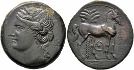 CARTHAGE. Second Punic War. Circa 220-215 BC. Trishekel (Bronze, 31 mm, 18.72 g, 12 h). Head of Tanit to left, wearing wreath of grain ears, pendant e...