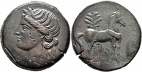 CARTHAGE. Second Punic War. Circa 220-215 BC. Trishekel (Bronze, 30 mm, 24.00 g, 12 h). Head of Tanit to left, wearing wreath of grain ears, pendant e...