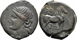 CARTHAGE. Second Punic War. Circa 220-215 BC. Trishekel (Bronze, 32 mm, 17.13 g, 1 h). Head of Tanit to left, wearing wreath of grain ears, pendant ea...