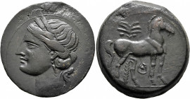 CARTHAGE. Second Punic War. Circa 220-215 BC. Trishekel (Bronze, 31 mm, 17.99 g, 12 h). Head of Tanit to left, wearing wreath of grain ears, pendant e...