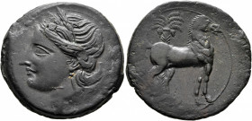 CARTHAGE. Second Punic War. Circa 220-215 BC. Trishekel (Bronze, 32 mm, 17.65 g, 12 h). Head of Tanit to left, wearing wreath of grain ears, pendant e...