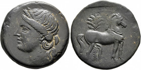 CARTHAGE. Second Punic War. Circa 220-215 BC. Trishekel (Bronze, 30 mm, 17.92 g, 12 h). Head of Tanit to left, wearing wreath of grain ears, pendant e...