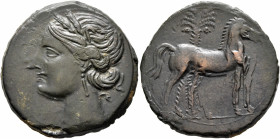 CARTHAGE. Second Punic War. Circa 220-215 BC. Trishekel (Bronze, 31 mm, 18.05 g, 1 h). Head of Tanit to left, wearing wreath of grain ears, pendant ea...