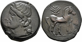 CARTHAGE. Second Punic War. Circa 220-215 BC. Trishekel (Bronze, 31 mm, 21.80 g, 12 h). Head of Tanit to left, wearing wreath of grain ears, pendant e...