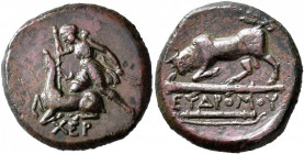 TAURIC CHERSONESOS. Chersonesos. Circa 300-290 BC. AE (Bronze, 22 mm, 6.95 g, 3 h), Eudromos, magistrate. XEP Artemis advancing left, striking stag ly...