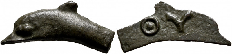 SKYTHIA. Olbia. 5th century BC. Cast unit (Bronze, 10x24 mm, 1.47 g, 12 h). Dolp...
