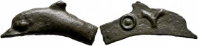 SKYTHIA. Olbia. 5th century BC. Cast unit (Bronze, 10x24 mm, 1.47 g, 12 h). Dolphin left. Rev. ΘΥ on blank surface. HGC 3.2, 1879. SNG BM Black Sea 36...