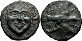 SKYTHIA. Olbia. Circa 450-425 BC. Cast unit (Bronze, 68 mm, 115.00 g, 1 h). Facing gorgoneion with protruding tongue. Rev. A-P-I-X Sea eagle with spea...