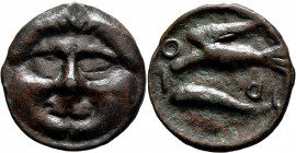 SKYTHIA. Olbia. Circa 400-380 BC. Cast unit (Bronze, 36 mm, 17.73 g, 12 h). Facing gorgoneion. Rev. O-Λ/B-I Sea eagle standing left on dolphin. HGC 3....