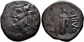 SKYTHIA. Olbia. Circa 330-320 BC. AE (Bronze, 26 mm, 9.40 g, 8 h). Horned head of the river-god Borysthenes to left. Rev. OΛBIO Axe and bow in bowcase...