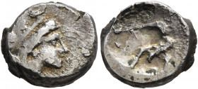 SKYTHIA. Olbia. Circa 300-275 BC. Diobol (Silver, 12 mm, 1.76 g). Head of Tyche to right, wearing mural crown. Rev. [ΟΛ?] Archer kneeling left, drawin...