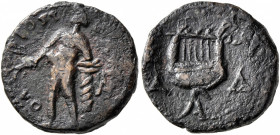 SKYTHIA. Olbia. Assarion (Bronze, 17 mm, 4.26 g, 6 h), time of Commodus, circa 180-192. AP ΚΛ Τ Δ / AΠ Lyre. Rev. ΟΛΒΙΟΠ[ΟΛΙ] Apollo standing front, h...