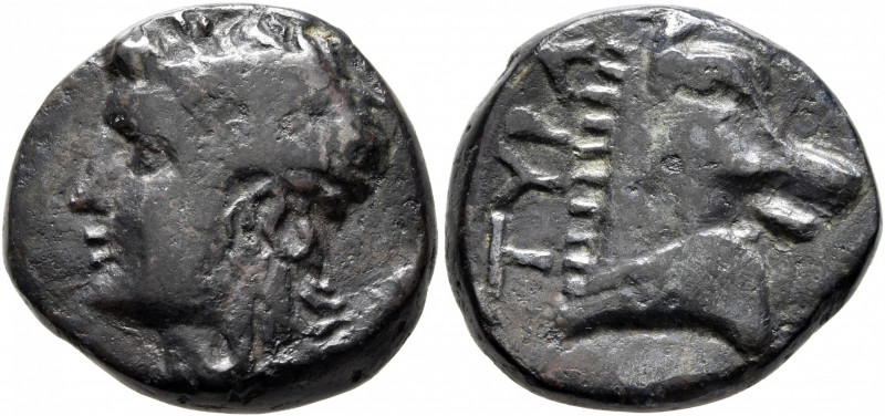 SKYTHIA. Tyra. Circa 350-300 BC. AE (Bronze, 20 mm, 9.68 g, 12 h). Horned head o...