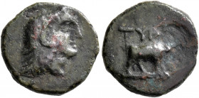 SKYTHIA. Tyra. Circa 350-300 BC. AE (Bronze, 15 mm, 2.39 g, 1 h). Head of Herakles to right, wearing lion skin headdress. Rev. TYP[A] Bull standing ri...
