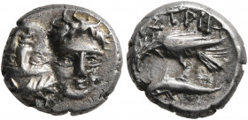 MOESIA. Istros. 4th century BC. Trihemiobol (Silver, 11 mm, 1.68 g). Two young male heads facing, side by side, one upright, the other inverted. Rev. ...