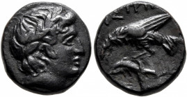MOESIA. Istros. 4th-3nd century BC. AE (Bronze, 15 mm, 4.00 g, 1 h). Laureate head of Apollo to right. Rev. ΙΣΤΡΙΗ Sea eagle standing left on dolphin....