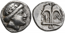 THRACE. Apollonia Pontika. Circa 435-375 BC. Tetrobol (Silver, 14 mm, 2.76 g, 8 h). Laureate head of Apollo to right. Rev. Upright anchor between cray...