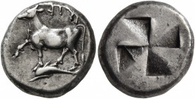 THRACE. Byzantion. Circa 340-320 BC. Siglos (Silver, 16 mm, 5.38 g), Persic standard. ΠY Bull standing left on dolphin left, right foreleg raised. Rev...