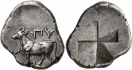 THRACE. Byzantion. Circa 340-320 BC. Siglos (Silver, 20 mm, 5.39 g), Persic standard. ΠY Bull standing left on dolphin left, right foreleg raised. Rev...
