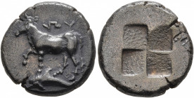 THRACE. Byzantion. Circa 340-320 BC. Siglos (Silver, 17 mm, 5.34 g), Persic standard. ΠY Bull standing left on dolphin left. Rev. Quadripartite incuse...
