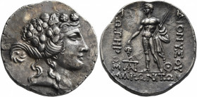 THRACE. Maroneia. Circa 189/8-49/5 BC. Tetradrachm (Silver, 30 mm, 15.88 g, 1 h). Head of youthful Dionysos to right, wearing tainia and wreath of ivy...