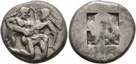 ISLANDS OFF THRACE, Thasos. Circa 500-480 BC. Stater (Silver, 20 mm, 8.83 g). Nude ithyphallic satyr, with long beard and long hair, moving right in '...