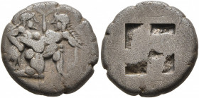 ISLANDS OFF THRACE, Thasos. Circa 500-480 BC. Drachm (Silver, 15 mm, 4.08 g). Nude ithyphallic satyr, with long beard and long hair, moving right in '...