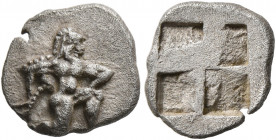 ISLANDS OFF THRACE, Thasos. Circa 500-480 BC. Diobol (Silver, 12 mm, 1.10 g). Satyr running right in kneeling stance. Rev. Quadripartite incuse square...