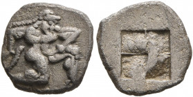 ISLANDS OFF THRACE, Thasos. Circa 500-480 BC. Diobol (Silver, 10 mm, 1.07 g). Satyr running right in kneeling stance. Rev. Quadripartite incuse square...