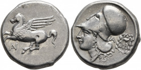 AKARNANIA. Anaktorion. Circa 350-300 BC. Stater (Silver, 20 mm, 8.42 g, 3 h). Pegasos flying left; below, monogram of AN. Rev. Head of Athena to left,...